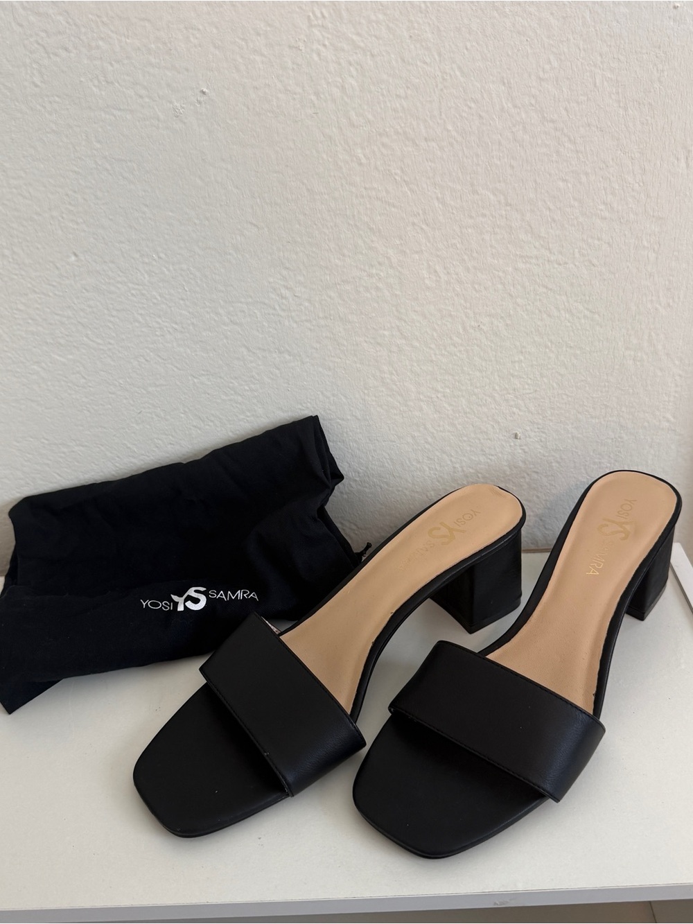 Yosi Samra Black Leather Block Heel Slide Mules NWOT